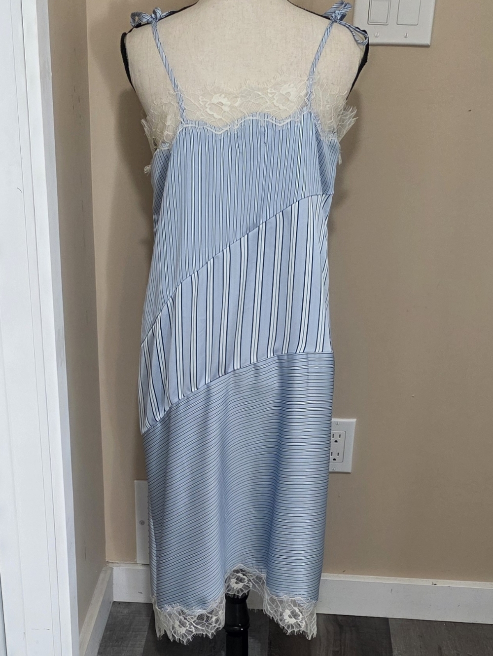 Future Collective Silky Satin  Light Blue  Pin Stripe Lace-Trim Midi Slip Dress - Picture 2 of 7
